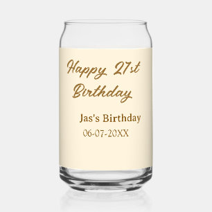 Happy 21st birthday brown pastel yellow name date can glass