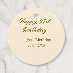 Happy 21st birthday brown pastel yellow name date favour tags
