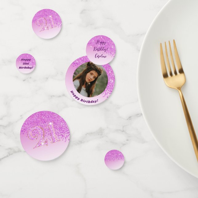 Happy 21st Birthday Chic Falling Pink Glitter Confetti (Group)