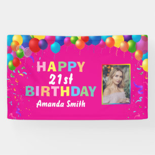 Happy 21st Birthday Colorful Balloons Hot Pink Banner