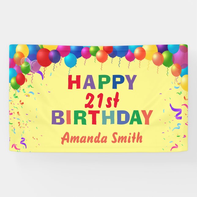 Happy 21st Birthday Colorful Balloons Yellow Banner (Horizontal)