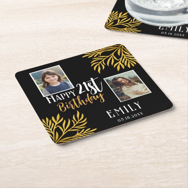Happy 21st Birthday Gold Foliage 2 Photo Party Square Paper Coaster (Angled)