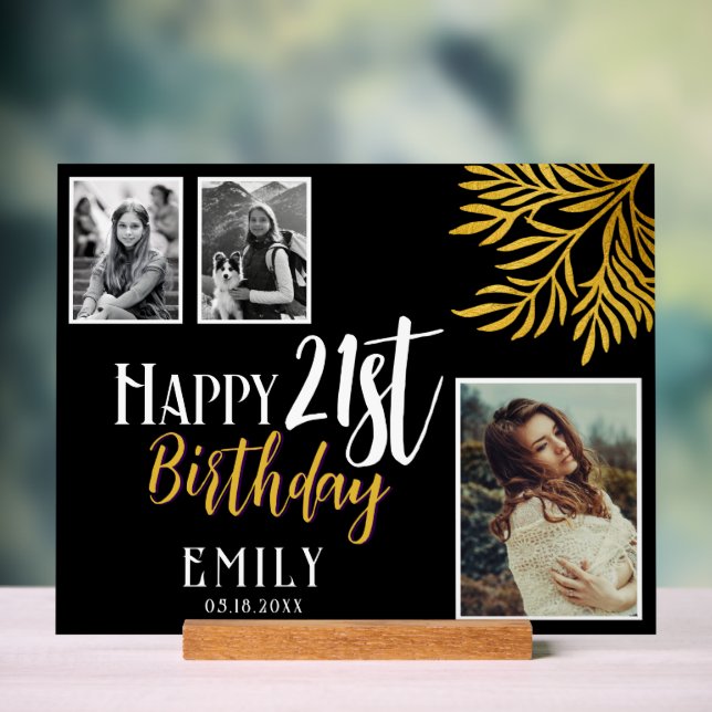 Happy 21st Birthday Gold Foliage 3 Photo Backdrop Acrylic Sign (Neutral)