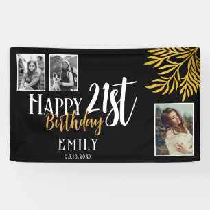 Happy 21st Birthday Gold Foliage 3 Photo Backdrop Banner