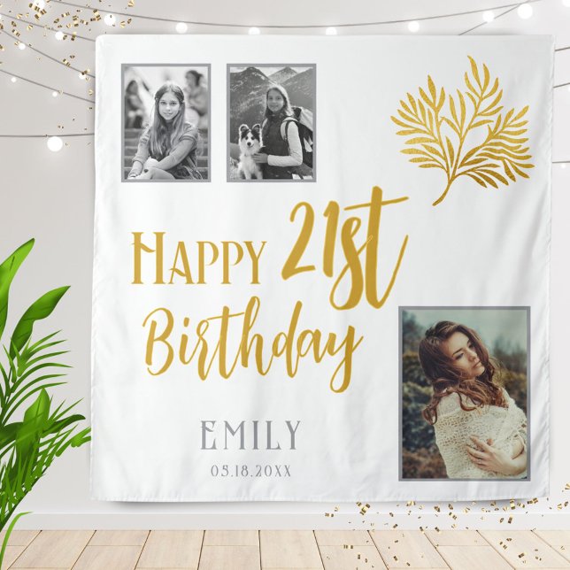 Happy 21st Birthday Gold Foliage 3 Photo Backdrop Tapestry (Creator Uploaded)