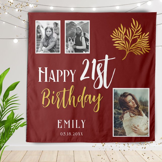 Happy 21st Birthday Gold Foliage 3 Photo Backdrop Tapestry (Creator Uploaded)