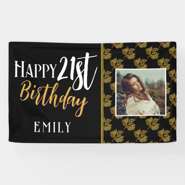 Happy 21st Birthday Gold Foliage Photo Backdrop Banner (Horizontal)