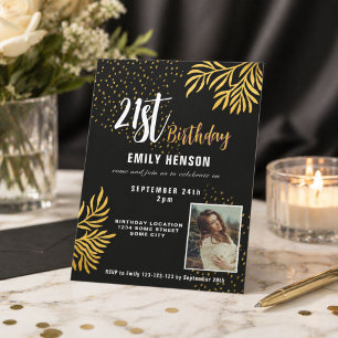 Happy 21st Birthday Gold Foliage Photo Party Invitation