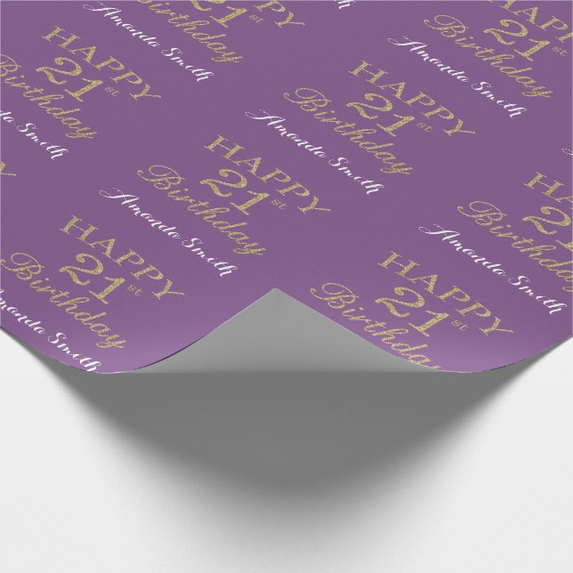 Happy 21st Birthday Gold Glitter and Purple Wrapping Paper (Corner)
