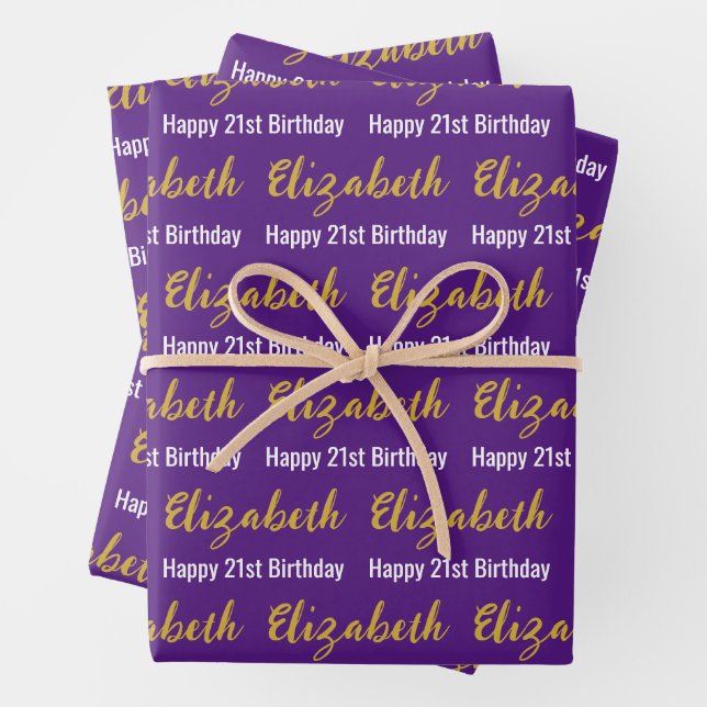 Happy 21st Birthday Gold Script Name Purple White Wrapping Paper Sheet (In situ)