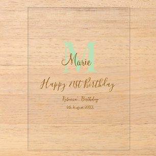 Happy 21st Birthday green add name monogram brown Acrylic Invitations