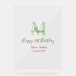 Happy 21st Birthday green add name monogram brown Acrylic Sign