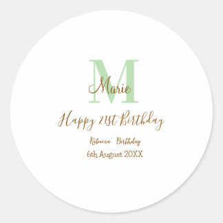 Happy 21st Birthday green add name monogram brown  Classic Round Sticker