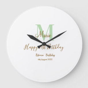 Happy 21st Birthday green add name monogram brown Large Clock