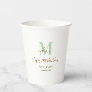 Happy 21st Birthday green add name monogram brown  Paper Cups