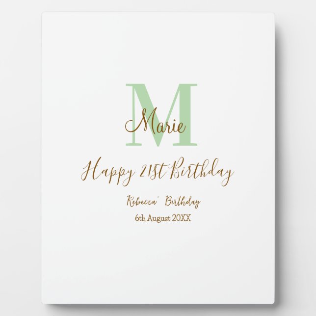 Happy 21st Birthday green add name monogram brown  Plaque (Front)