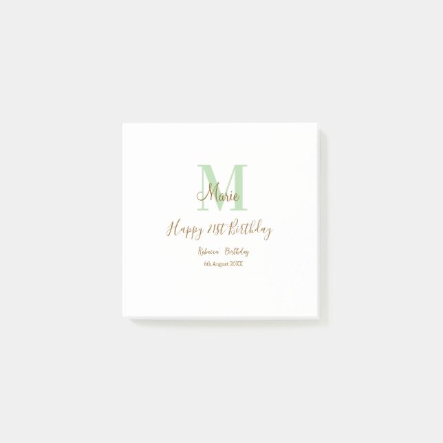 Happy 21st Birthday green add name monogram brown  Post-it Notes (Front)