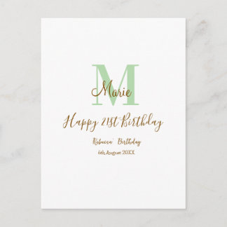 Happy 21st Birthday green add name monogram brown  Postcard