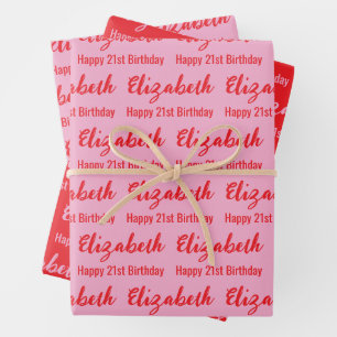 Happy 21st Birthday Name Light Pink and Red Wrapping Paper Sheet