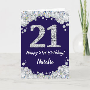 Happy 21st Birthday Navy Blue and Silver Glitter Card