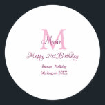 Happy 21st Birthday pink add name monogram modern Classic Round Sticker<br><div class="desc">beautiful design</div>