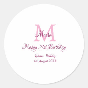 Happy 21st Birthday pink add name monogram modern Classic Round Sticker