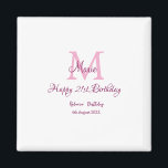 Happy 21st Birthday pink add name monogram modern Magnet<br><div class="desc">beautiful design</div>