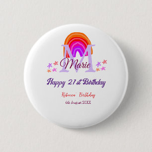 Happy 21st Birthday pink add name monogram rainbow 6 Cm Round Badge