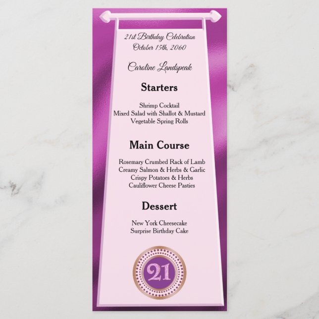 Happy 21st Birthday Pink Glitter Foil Menu (Front)
