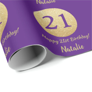 Happy 21st Birthday Purple and Gold Glitter Wrapping Paper