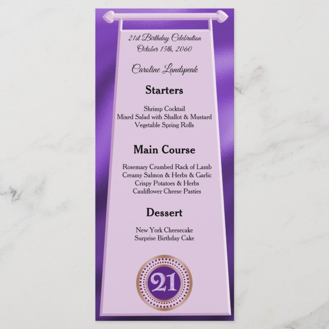 Happy 21st Birthday Purple Glitter Foil Menu (Front)