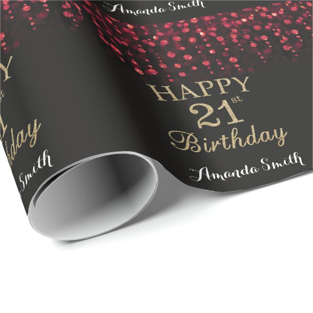 Happy 21st Birthday Red Black and Gold Glitter Wrapping Paper (Roll Corner)