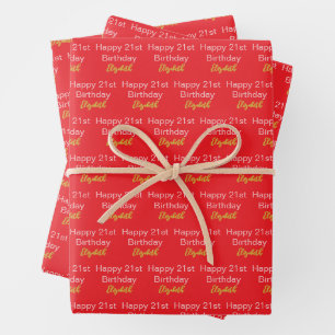 Happy 21st Birthday Script Name Bright Red Gold Wrapping Paper Sheet
