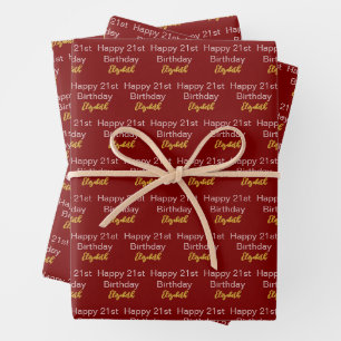 Happy 21st Birthday Script Name Deep Red Gold Wrapping Paper Sheet
