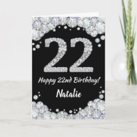 Happy 22nd Birthday Black and Silver Glitter Card