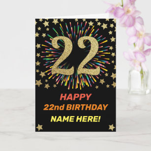 Happy 22nd Birthday Black & Gold Rainbow Firework Card