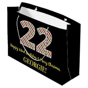 Happy 22nd Birthday & Merry Christmas, Custom Name Large Gift Bag