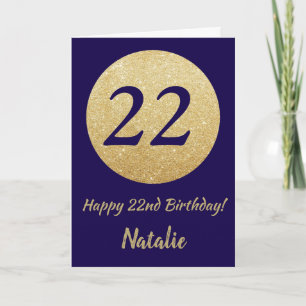 Happy 22nd Birthday Navy Blue and Gold Glitter Card