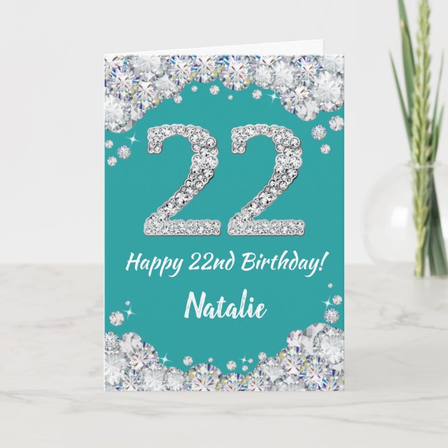 Happy 22nd Birthday Teal and Silver Glitter Card (Front)