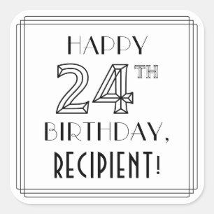 HAPPY 24TH BIRTHDAY, Art Deco Style, Custom Name Square Sticker