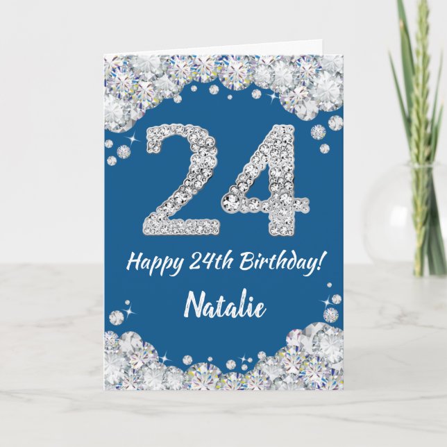 Happy 24th Birthday Blue and Silver Glitter Card (Front)