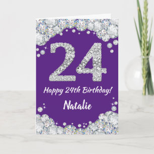 Happy 24th Birthday Purple and Silver Glitter Card