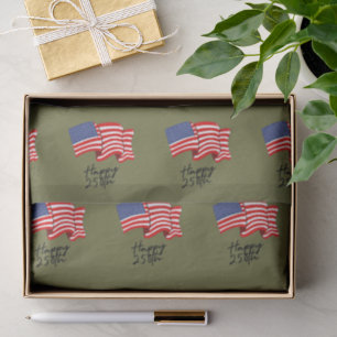 'Happy 250th' American Flag Black Script & Olive Tissue Paper