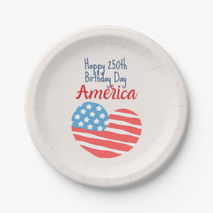 Happy 250th Birthday America, Flag Heart 1776-2026 Paper Plate