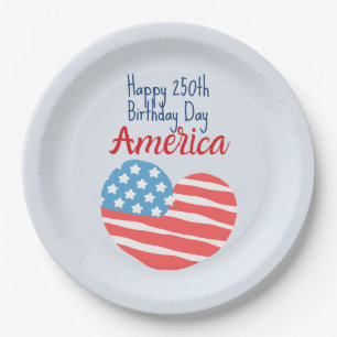 Happy 250th Birthday America, Flag Heart 1776-2026 Paper Plate