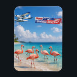 Happy 250th Birthday America Flamingos on Beach Magnet<br><div class="desc">July 4, 2026 marks the semiquincentennial of the United States of America - celebrating 250 years of American Independence and freedom! Show your patriotism with this beautiful magnet created especially for this milestone event! The design on the magnet features a flock of pink flamingoes on a gorgeous tropical beach wading...</div>