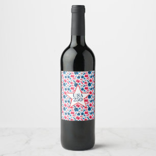 Happy 250th Birthday,America!Floral Red White Blue Wine Label