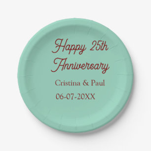 Happy 25th aniversary green mauve pastel boho retr paper plate
