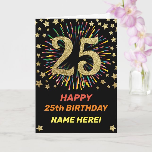 Happy 25th Birthday Black & Gold Rainbow Firework Card (Orchid)
