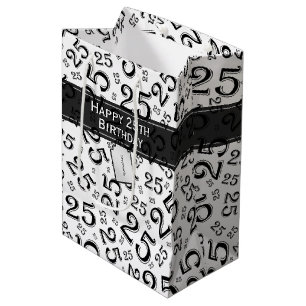 Happy 25th Birthday Black/White Number Pattern Medium Gift Bag